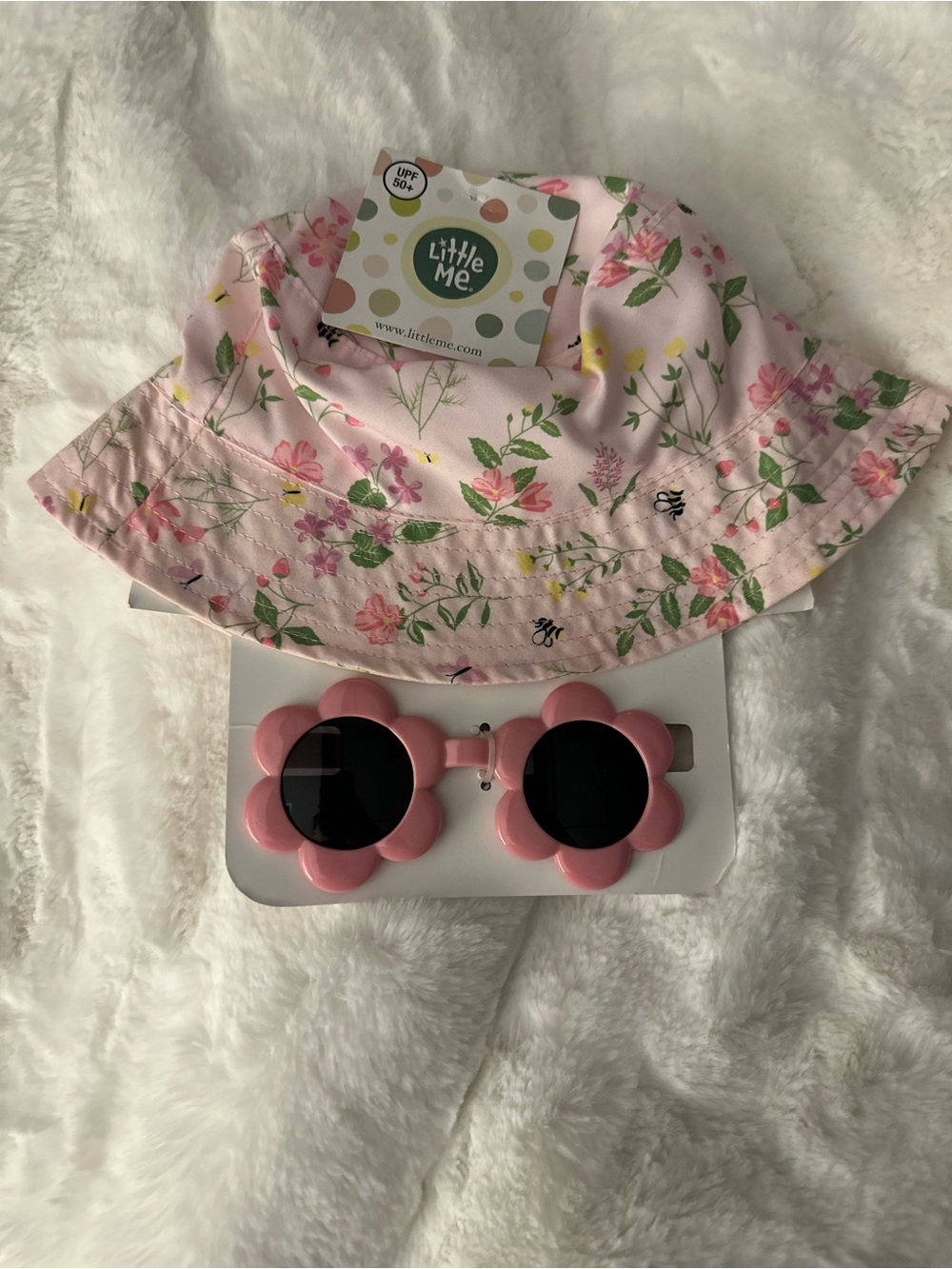 Little Me Pink Floral Bucket Hat with Matching Pink Flower Sunglasses